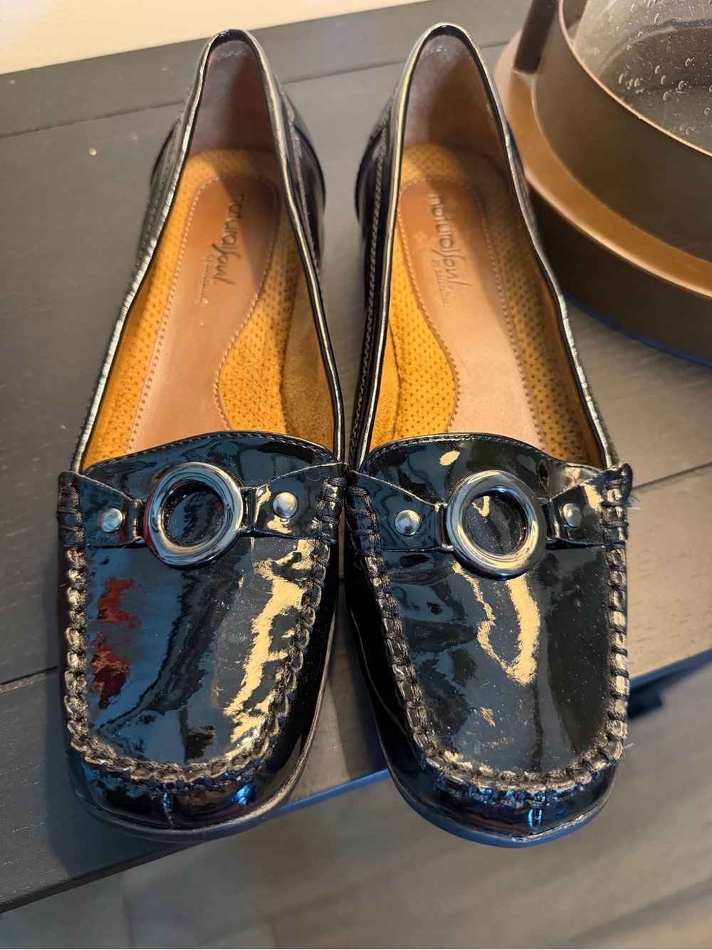 Naturalizer Black Patent Leather Slip-On Loafers with Metal Ring, size 9